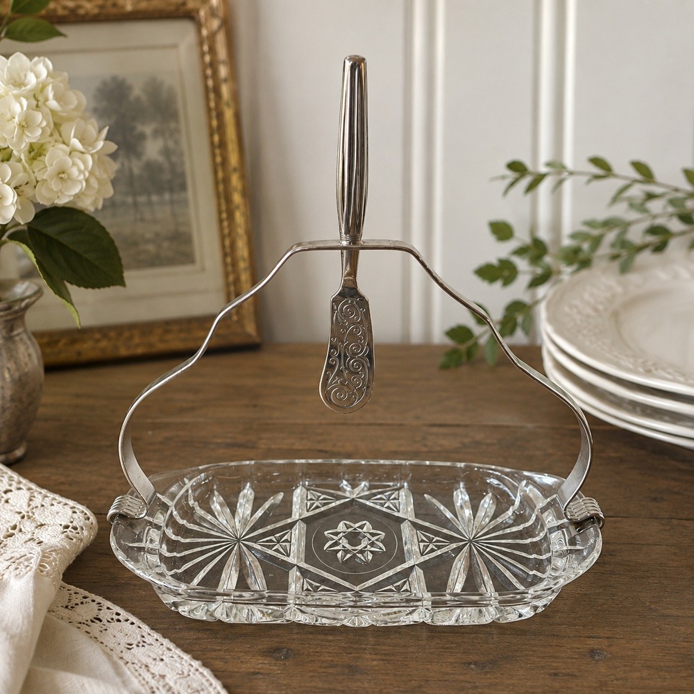 Vtg 3pc Crystal Butter Dish Server Spreader England Bright Chrome Stainless MCM